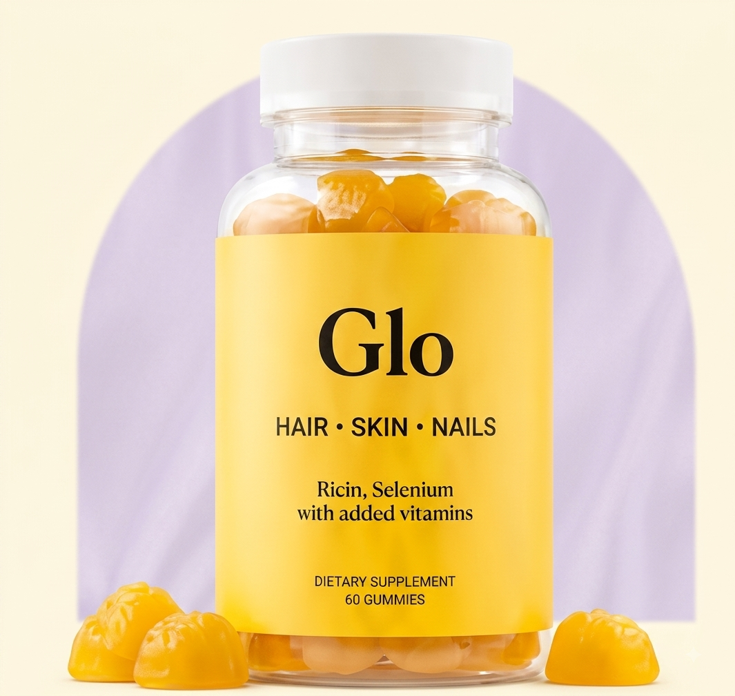 Glo bottle inside purple arch window with yellow gummies